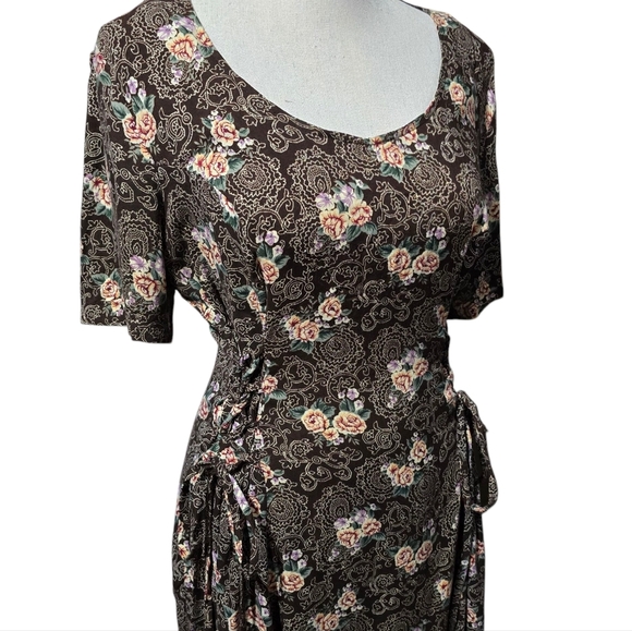 Vintage Floral Brown Tie Hips Front Midi Sundress - Picture 2 of 11
